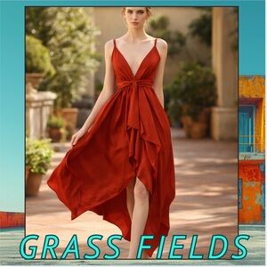 Grass-Fields Draped Tie-Waist Statement Dress Asymmetric Skirt,Amber, UK 8 US 4